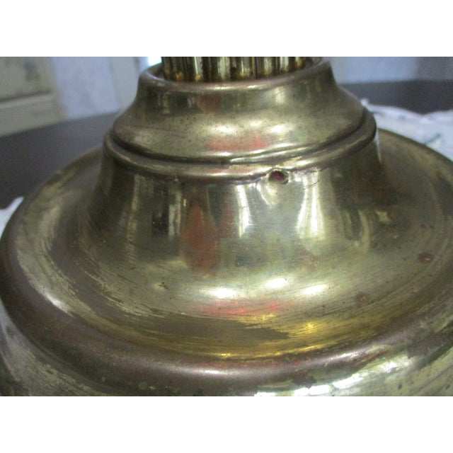 Art Nouveau Beautiful Antique Brass Column Tall Oil Lamp Cranberry Glass Shade & Font Double Burner 29" Tall For Sale - Image 3 of 13