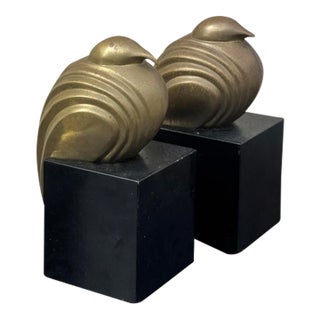 Vintage Sculptural Brass Bird Bookends on Black Bases, Pair For Sale