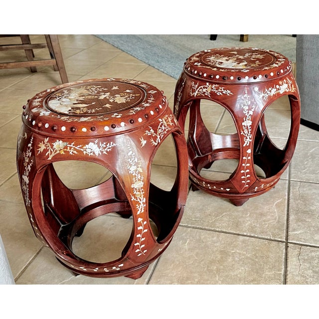 Chinese Pair Chinese Rosewood Mother Pearl Inlaid Garden Seat Stools For Sale - Image 3 of 12