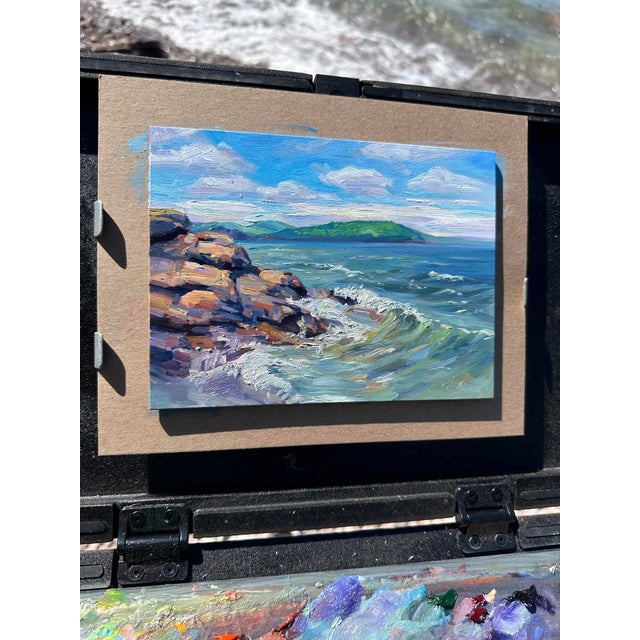 Contemporary Presque Isle (Day 113), June 7, 2024 by Primary Hughes | Oil on gessobord Seascape with rocky shore and waves For Sale - Image 3 of 5