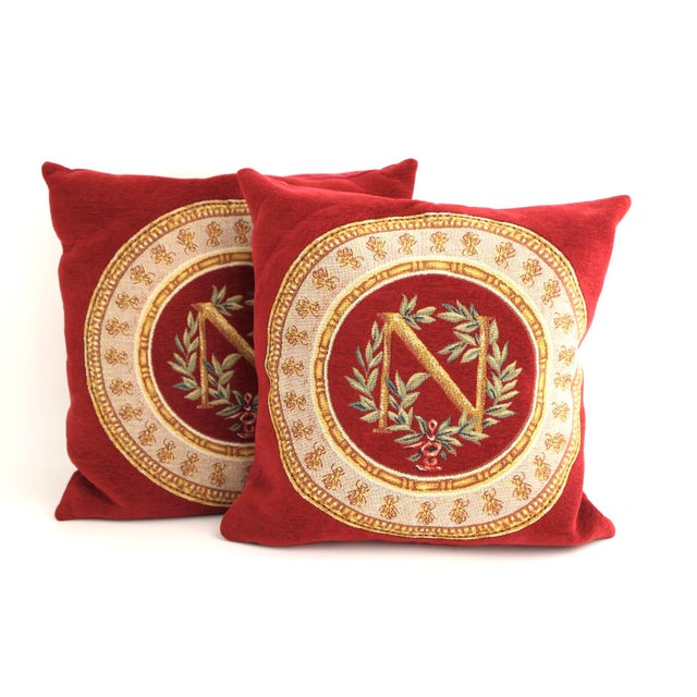 Pair of French Embroidered Napoleon Rouge Pillows by Jules Pansu, 18", Monogram N The inserts will not be included to keep...