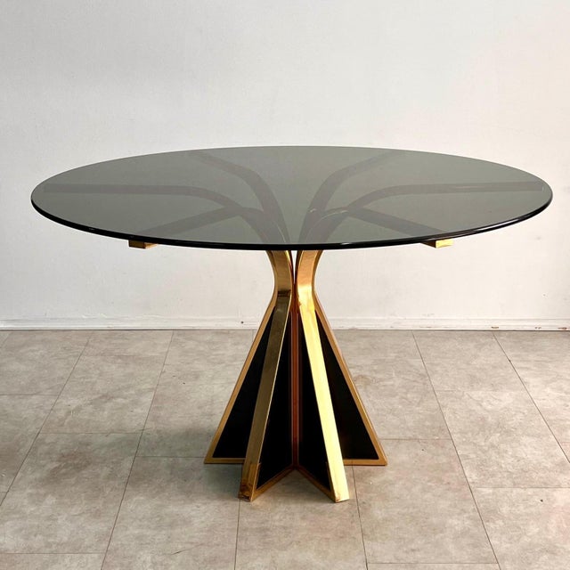 Sculptural Circular Dining Table in Gilded Metal and Smoked Glass from Renato Zevi, 1970s For Sale - Image 10 of 10