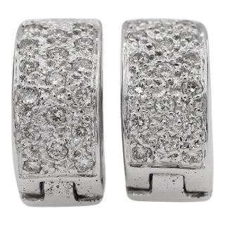 18k 750 Solid White Gold Natural Diamond Huggie Hoop Earrings, Pair For Sale