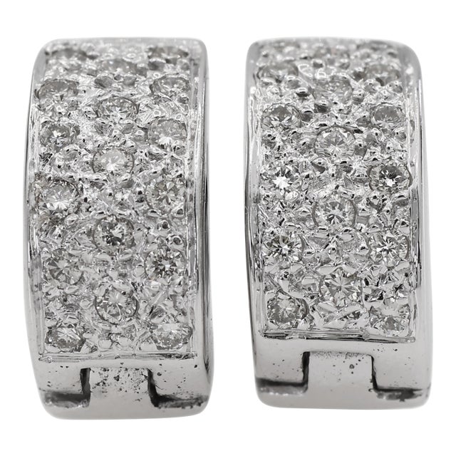 18k 750 Solid White Gold Natural Diamond Huggie Hoop Earrings, Pair For Sale