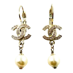 Chanel Gold CC Pink Crystal Pearl Dangle Lever Back Earrings - 2 Pieces