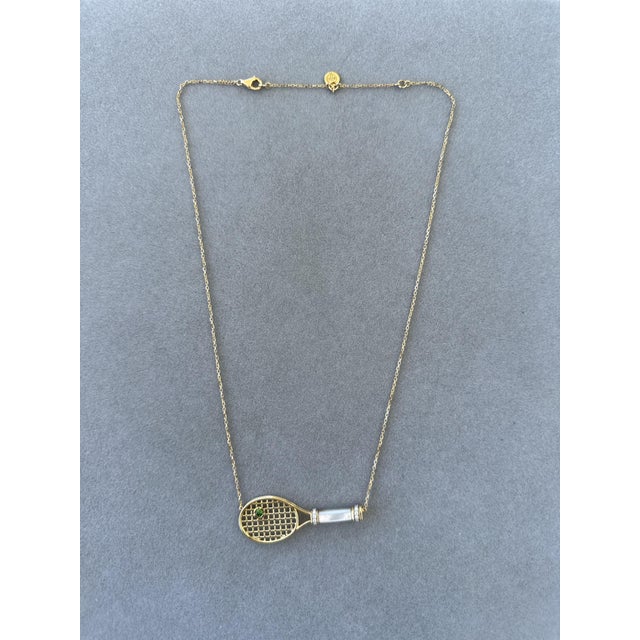 Diamond White Pearl Emerald 18 Karat Gold Tennis Racket Charm Pendant Necklace For Sale - Image 10 of 17