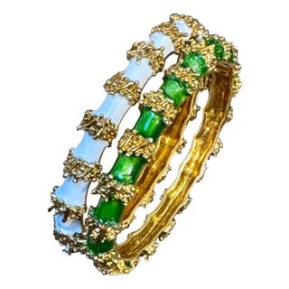 Enamel Bangle / Bracelet pair one White one Green in 18 Kt Yellow Gold 75 gm For Sale