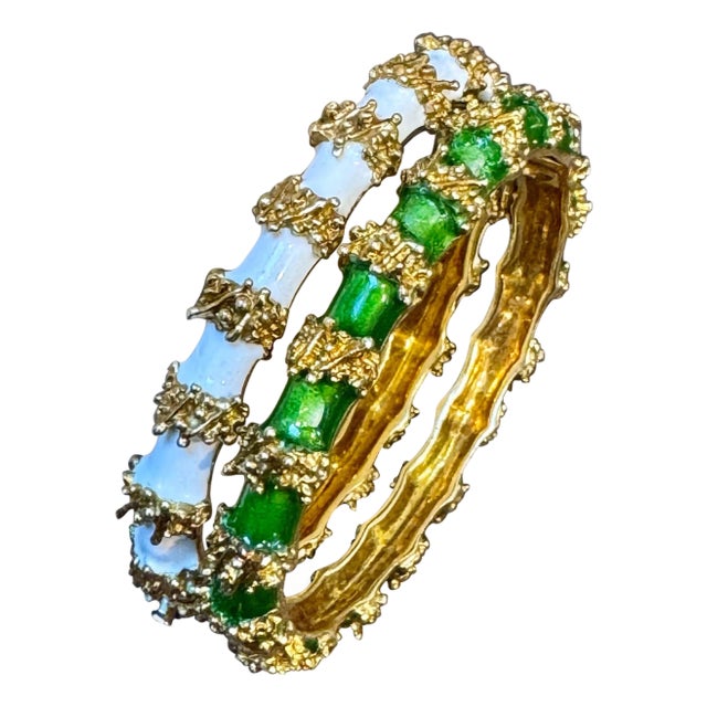 Enamel Bangle / Bracelet pair one White one Green in 18 Kt Yellow Gold 75 gm For Sale