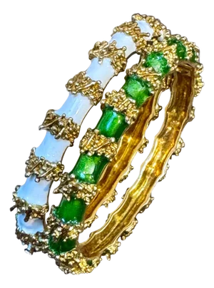 Enamel Bangle / Bracelet pair one White one Green in 18 Kt Yellow Gold 75 gm