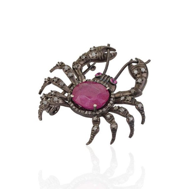 6.4 Carat Ruby and Diamond Crab Brooch Pendant in Sterling Silver For Sale - Image 9 of 14