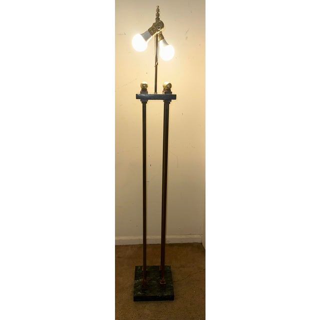 Metal Mid 20th Century Hollywood Regency 4-Column Brass & Green Marble Floor Lamp For Sale - Image 7 of 10