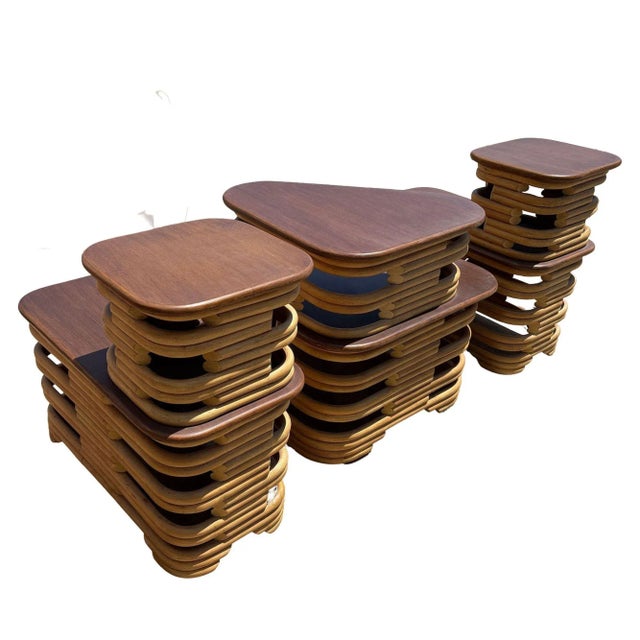 Mid-Century Two-Tier Stacked Rattan & Mahogany Coastal Side & Corner Table Set For Sale In Los Angeles - Image 6 of 10