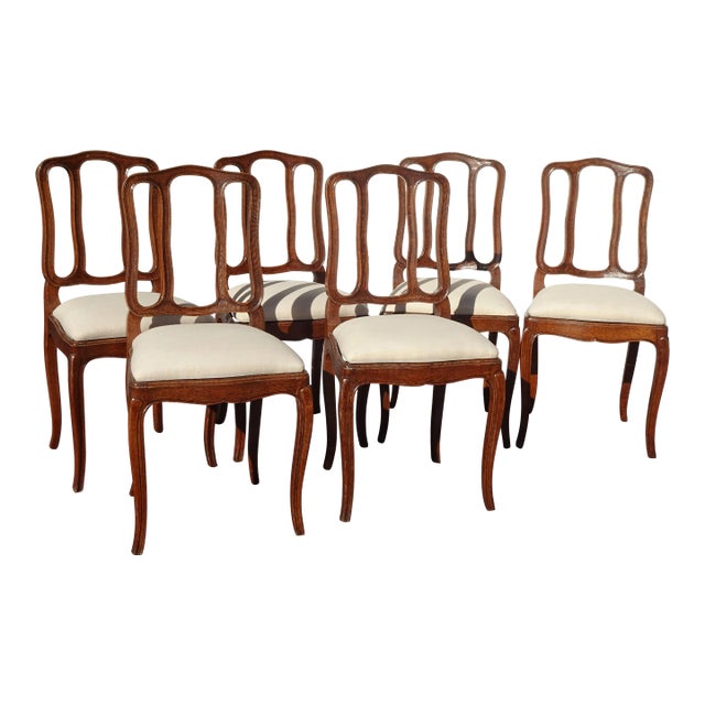 Six Vintage French Country Oak White Dining Room Chairs For Sale
