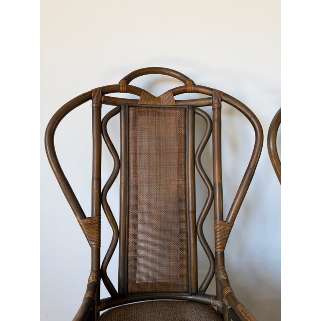 Wood Vintage Bent Rattan & Wicker High Back Chippendale Style Arm Chairs - A Pair For Sale - Image 7 of 18