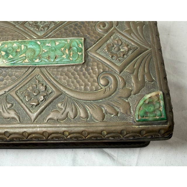 19th Century Antique 19th Century Hand Tooled Copper Carved Jade Stone Wood Cigarette Box For Sale - Image 5 of 13