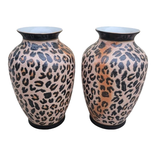 Vintage Leopard Pale Pink, Black, Rust Ceramic Decorative Vases- a Pair For Sale