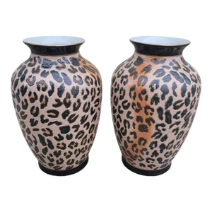 Vintage Leopard Pale Pink, Black, Rust Ceramic Decorative Vases- a Pair