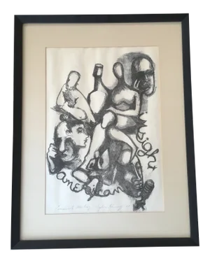 Vintage Mid-Century Abstract Figural "Community Meeting" Signed, Numbered Lithograph