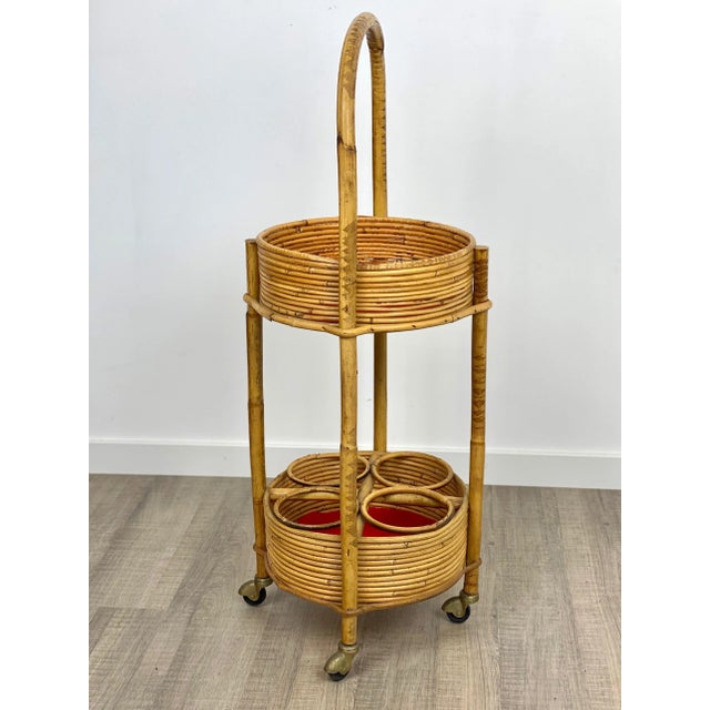 Bamboo & Rattan Round Service Side Bar Cart, Italy, 1960s For Sale - Image 11 of 18