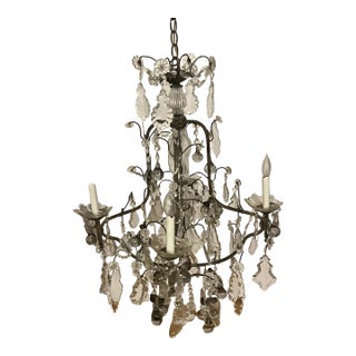 1920s Italian Iron and Crystal 4 Arm Chandelier With Crystal Fruits For Sale