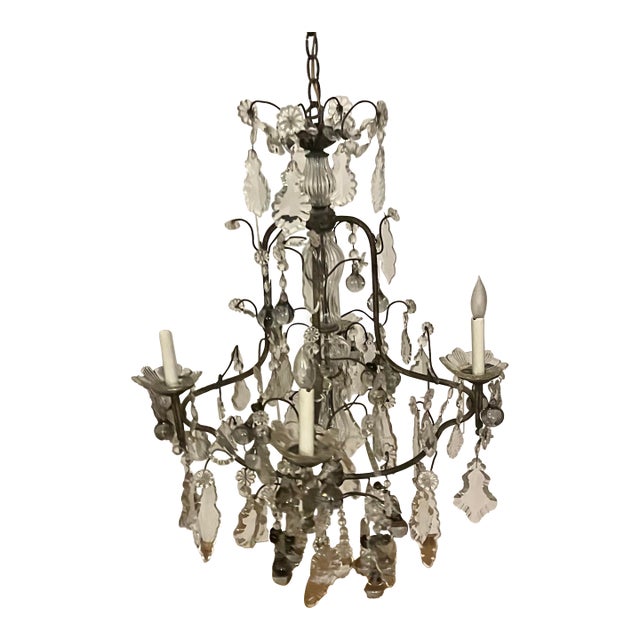 1920s Italian Iron and Crystal 4 Arm Chandelier With Crystal Fruits For Sale