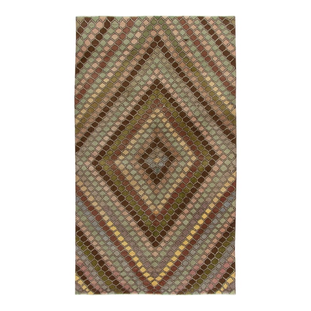 Vintage Art Deco Rug in Beige-Brown, Pink and Blue Honeycomb Diamond Pattern For Sale