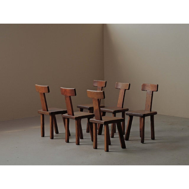 Vintage Brutalist Handcrafted Chestnut Chairs, France, 1970, Set of 6 For Sale - Image 15 of 18