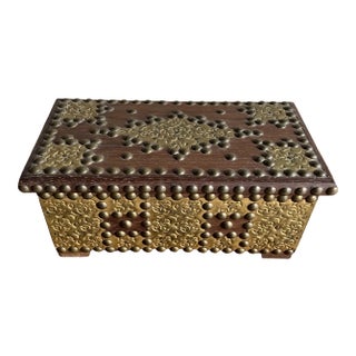 Antique Decorative Brass Studded Small Wooden Box For Sale