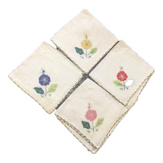 1960s Rustic Floral Cocktail Napkins- Set of 4 For Sale
