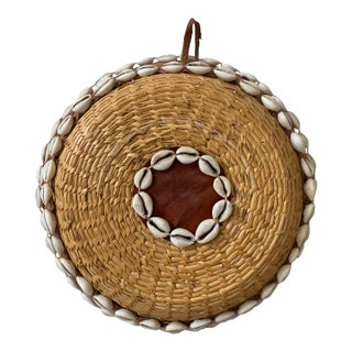 1970s Vintage African Hand Woven Basket With Cowrie Shells For Sale