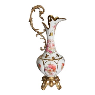 Antique Style Porcelain Ewer-Gilt Handle-Floral Urn-Rococo-French-Victorian-Rose For Sale