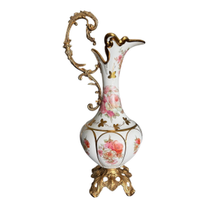 Antique Style Porcelain Ewer-Gilt Handle-Floral Urn-Rococo-French-Victorian-Rose