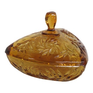 Hazel Atlas Amber Glass Lidded Triangle Dish With Embossed Leaf Pattern 5085b For Sale