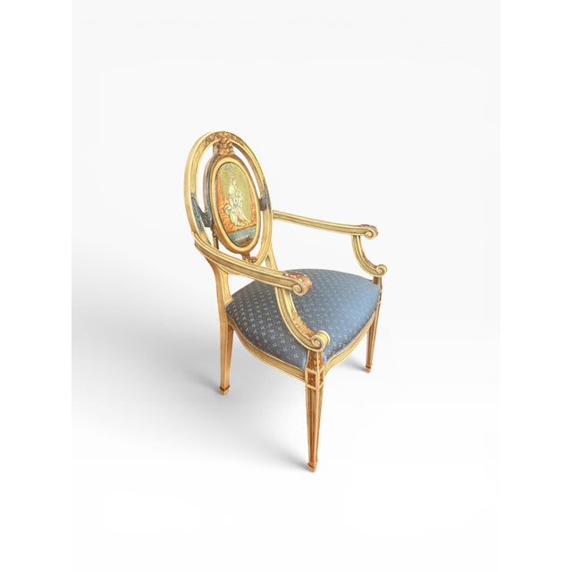 Wood Pair of Vintage Neoclassical Painted & Gilt Louis XVI Style Armchairs With Hand-Painted Medallion Backs For Sale - Image 7 of 15
