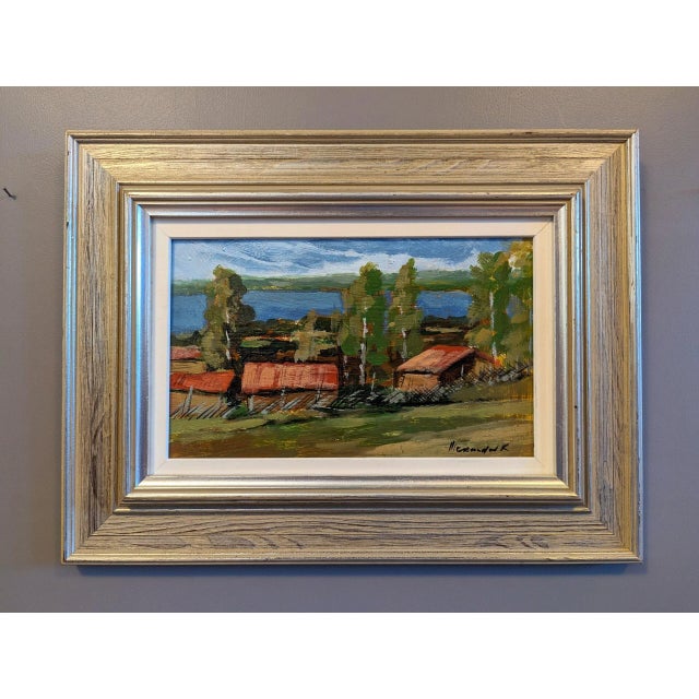 RED HOUSES IN NATURE Size: 30.5 x 40.5 cm (including frame) Oil on Board A serene and uplifting mid-century landscape...