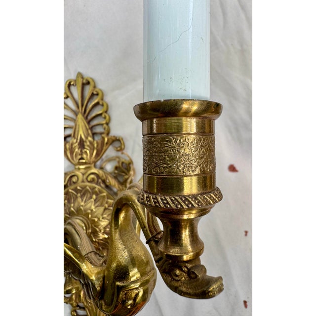 Stunning Pair of Vintage Brass Empire Revival Double Swan Electric Light Wall Sconces from France. Each measures 12” T x...