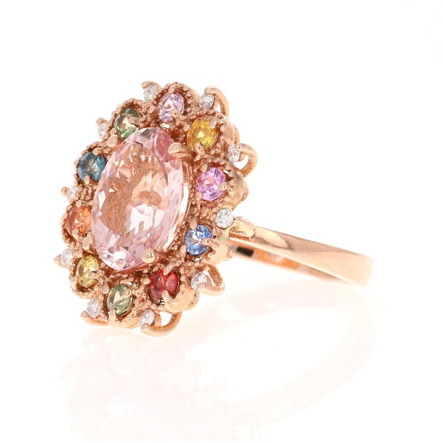 Contemporary 4.37 Carat Morganite Diamond Multicolor Sapphire Rose Gold Cocktail Ring, Size 7 For Sale - Image 3 of 5