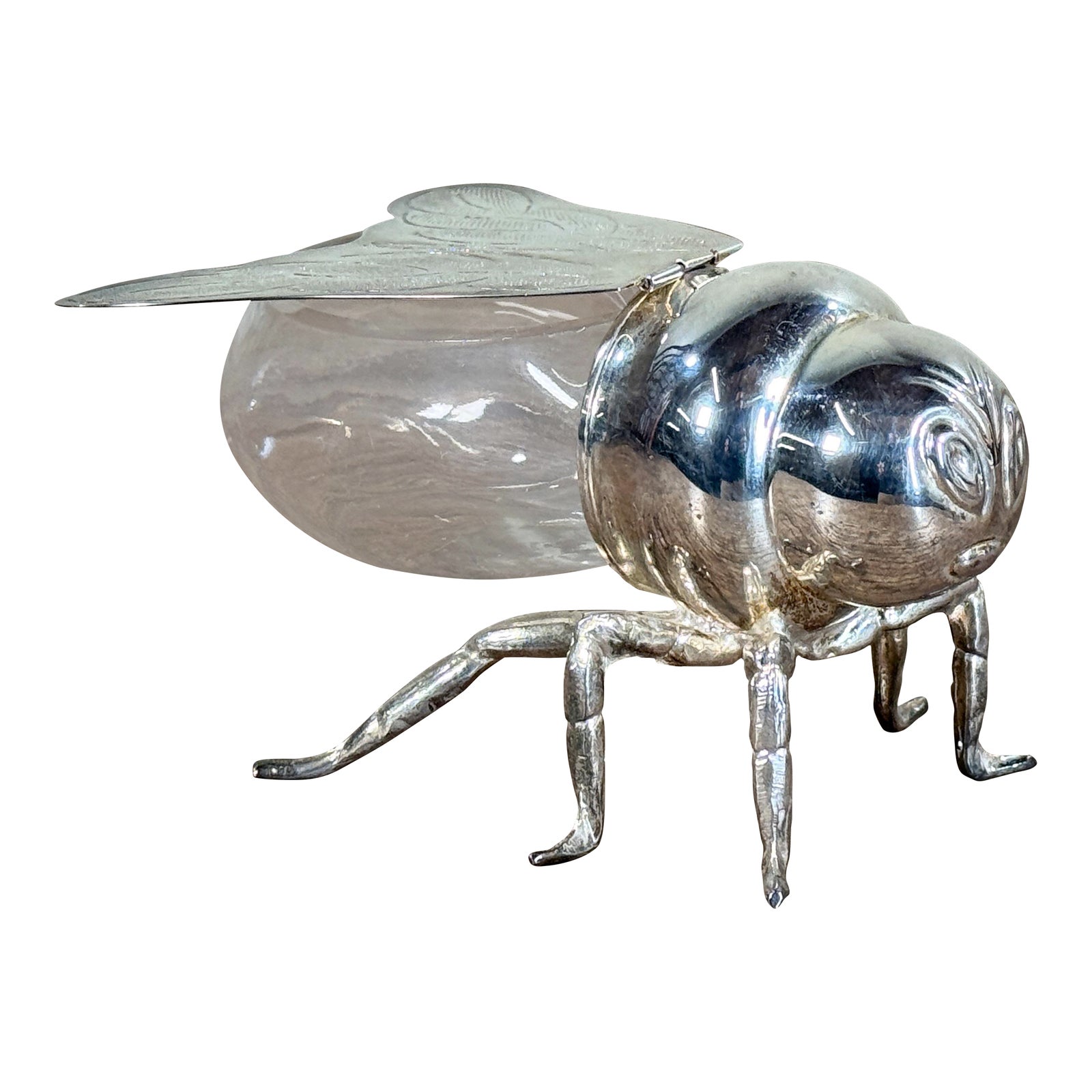 Godinger Silverplate Bee Trinket Box With Glass Body Hinged Wings