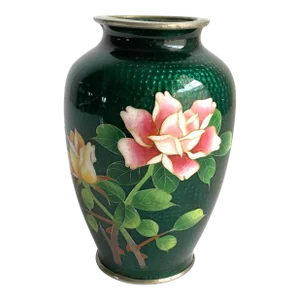 Vintage Japanese Akasuke Ginbari Cloisonné Vase Emerald Green Pink Rose