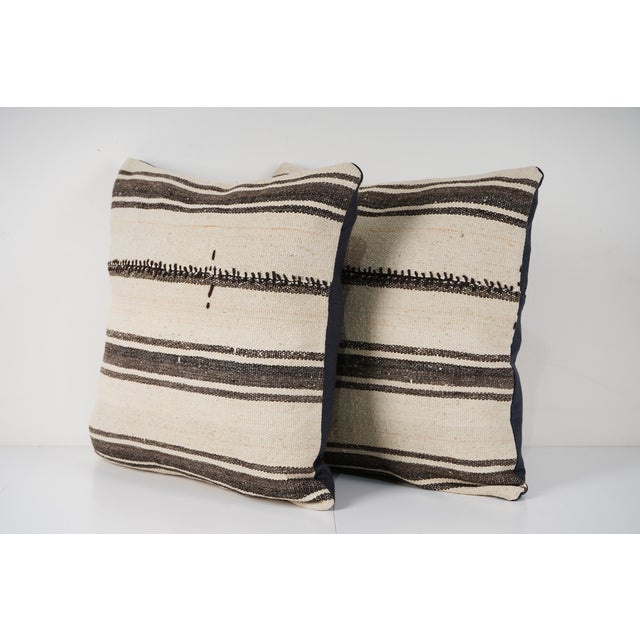 Mid-Century Modern Striped Bohemian Turkish Kilim Pillow - Set of Two Wool Cushion for Rustic Home Interiors 20'' X 20'' For Sale - Image 3 of 5