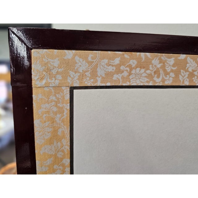 Asian Hand-Painted Four Panel Upholstered and Framed Table Screen / Divider For Sale - Image 10 of 11