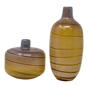 Vintage Yellow Blown Art Glass Bulbous Set of Vases