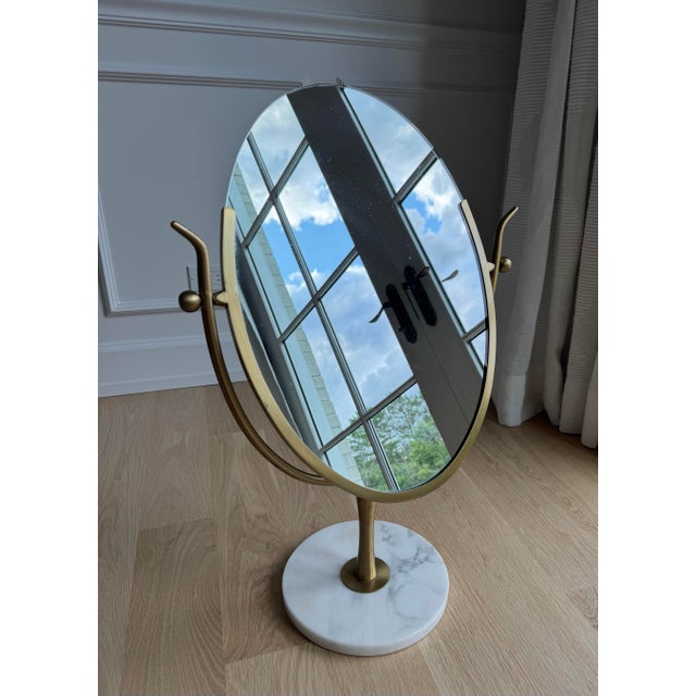 Metal Vintage XL Brass & Carrara Marble Double-Sided Vanity Mirror Attributed to Charles Hollis Jones For Sale - Image 7 of 8