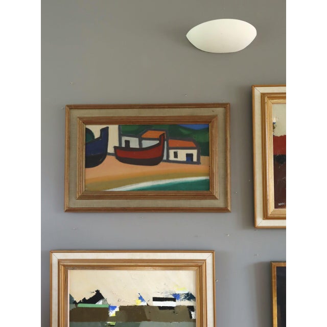 Mid-Century Modern Mid-Century Modern 'Boats at Rest' Vintage Original Coastal Landscape Oil Painting, Framed For Sale - Image 3 of 12