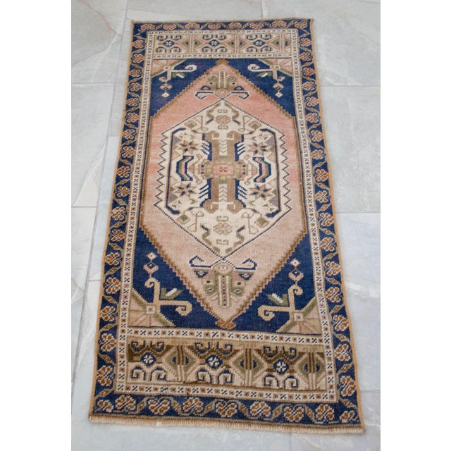 1970s Front of Kitchen Sink Rug, Hand Made Bath Mat Muted Colors Small Rug -1′8″ × 3′8″ For Sale - Image 11 of 13