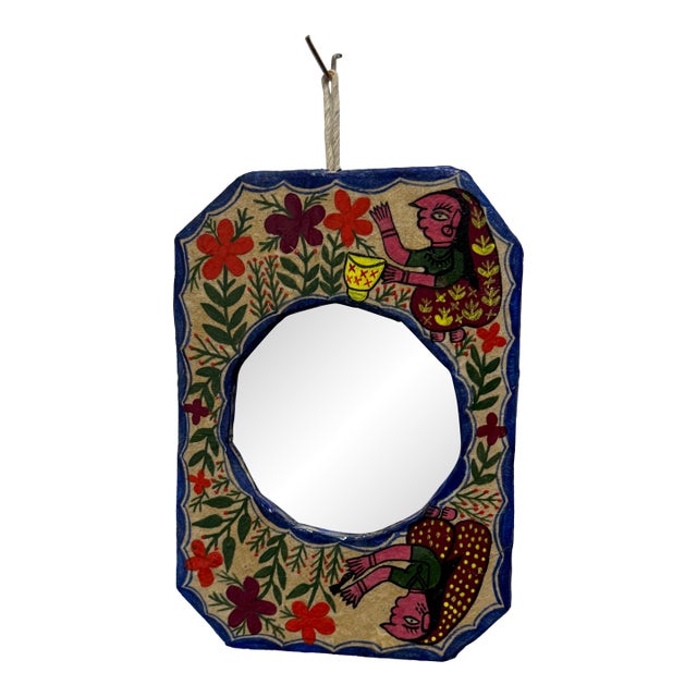 Mithila Folk Hand-Painted Art Wall Small Mirror For Sale