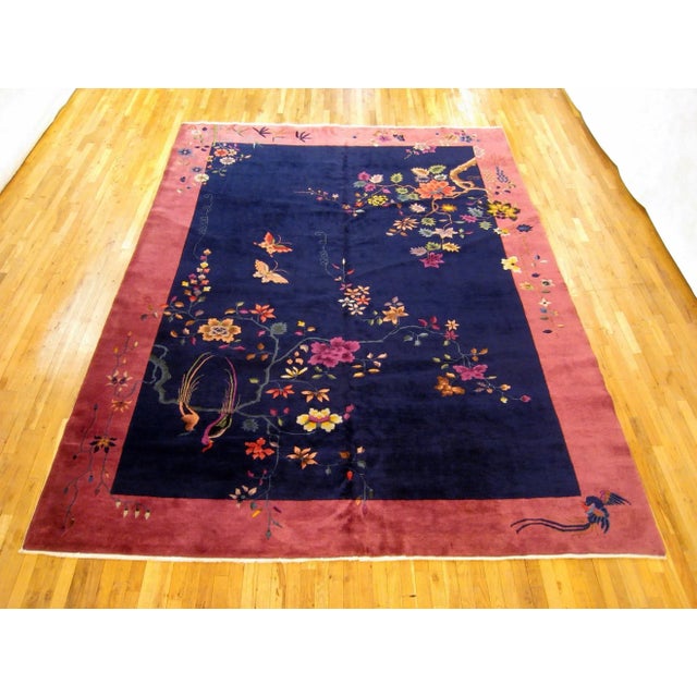 Antique Chinese Art deco rug, Room size, circa 1920 A one-of-a-kind antique Chinese Art deco oriental carpet, hand-knotted...