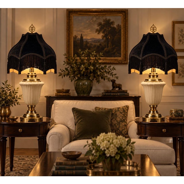 Cream Vintage Neoclassical Cream Urn Lamps With Midnight Black Velvet Fringe Shades - a Pair For Sale - Image 8 of 11