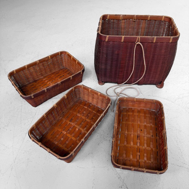 Brown Vintage Japanese Nesting Bamboo Baskets, 1950, Set of 4 For Sale - Image 8 of 10