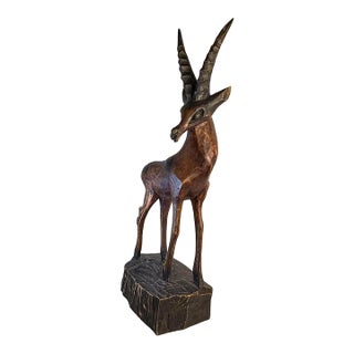 Vintage Hand-Carved Wood Gazelle Antelope Sculpture, 25” For Sale